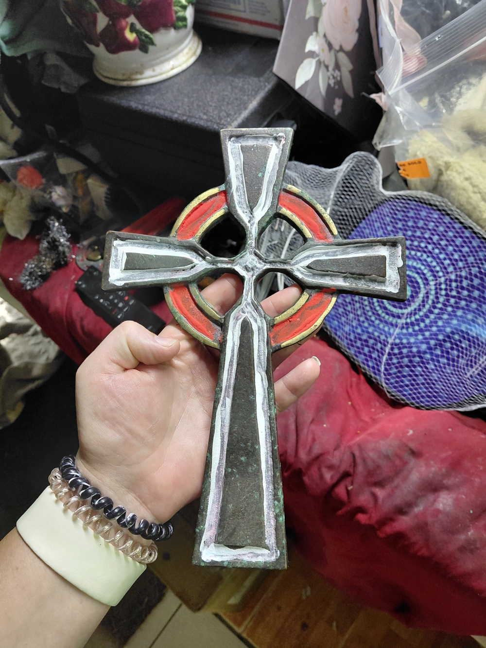 decorative Celtic cross wall hanging distressed dark finish Prominent Red Sphere